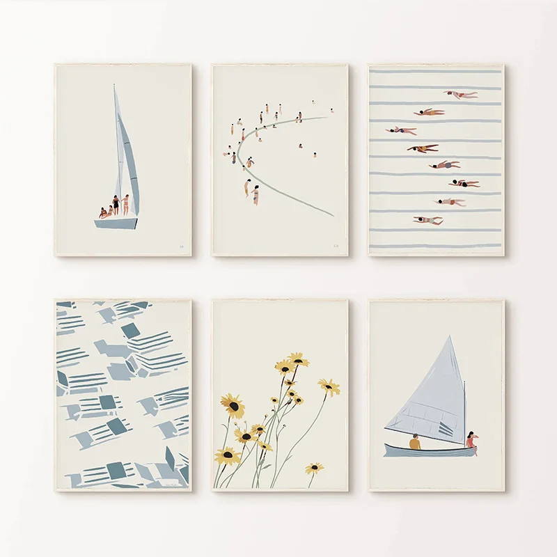 Segelboot, Schwimmbad, Ozean, Blumenmuster, minimalistische Wandkunst, Leinwandgemälde, Poster und Drucke, Wandbilder für Wohnzimmer, Deko