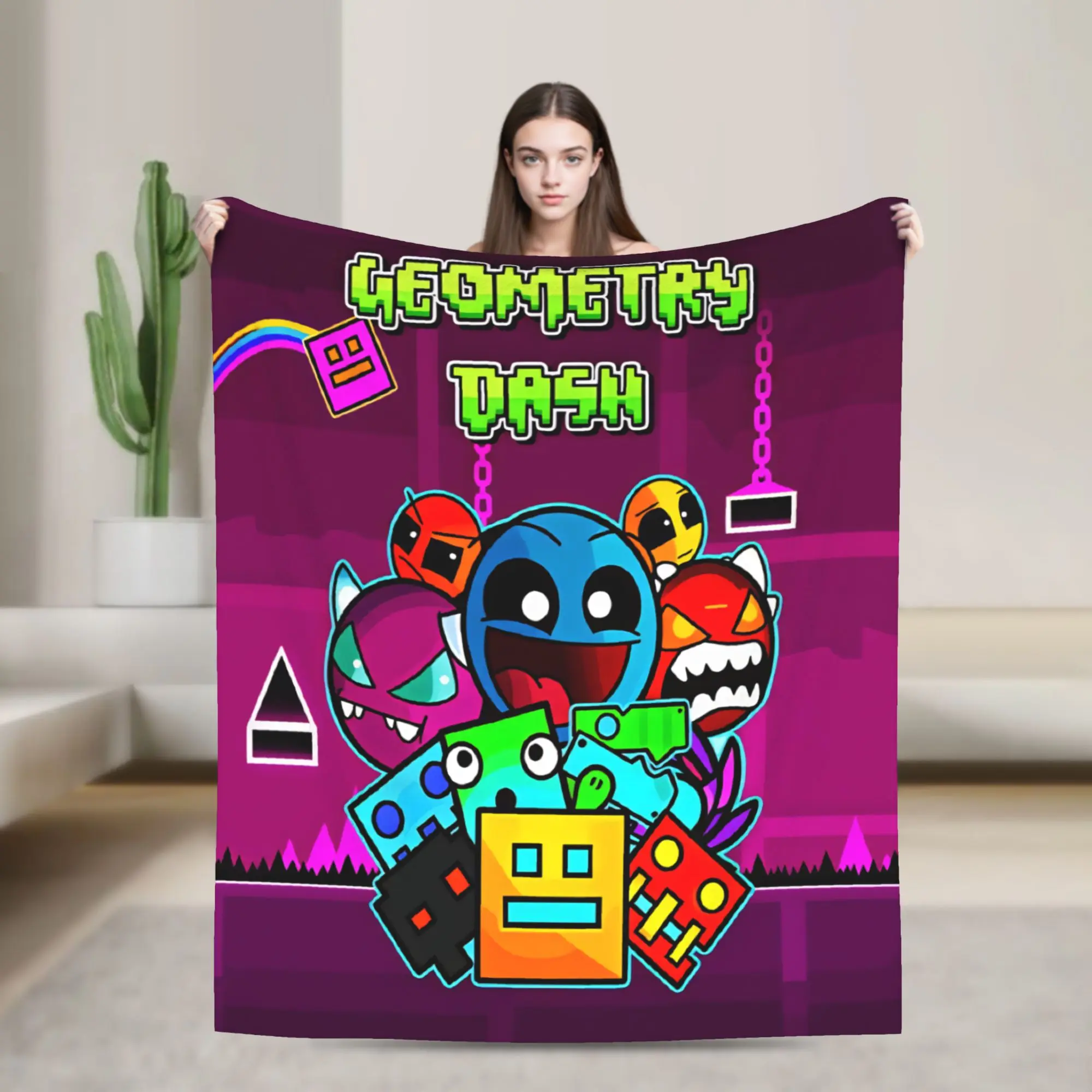 Soft Blanket Girls Boys Geometry Dash Game Music Cute Geometric Throw Blanket Flannel Bedspread For Couch Bed Sofa Bed Cover
