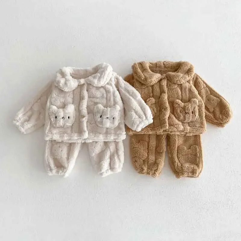 

2023 Winter Baby Loungewear Clothes Set Plush Fleece Long Sleeve Bear Cardigan Tops+Pant 2PCS Homewear Thicken Warm Sleepwear