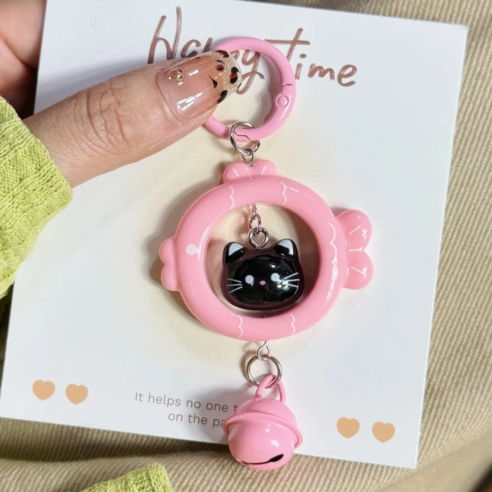 2Pcs Kawaii Cat Fish Keychain Cute Rotating Pendant Bell Charm Bag Accessories Women Girls Student Gift Car Key Ring Decoration