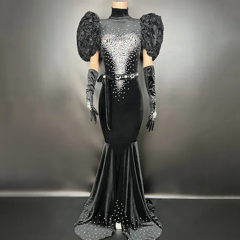 Black Girls Elegant Crystal Velvet Celebrity Bubble Sleeves Design Waistband Fishtail Dress Luxury Rhinestones Prom Dresses