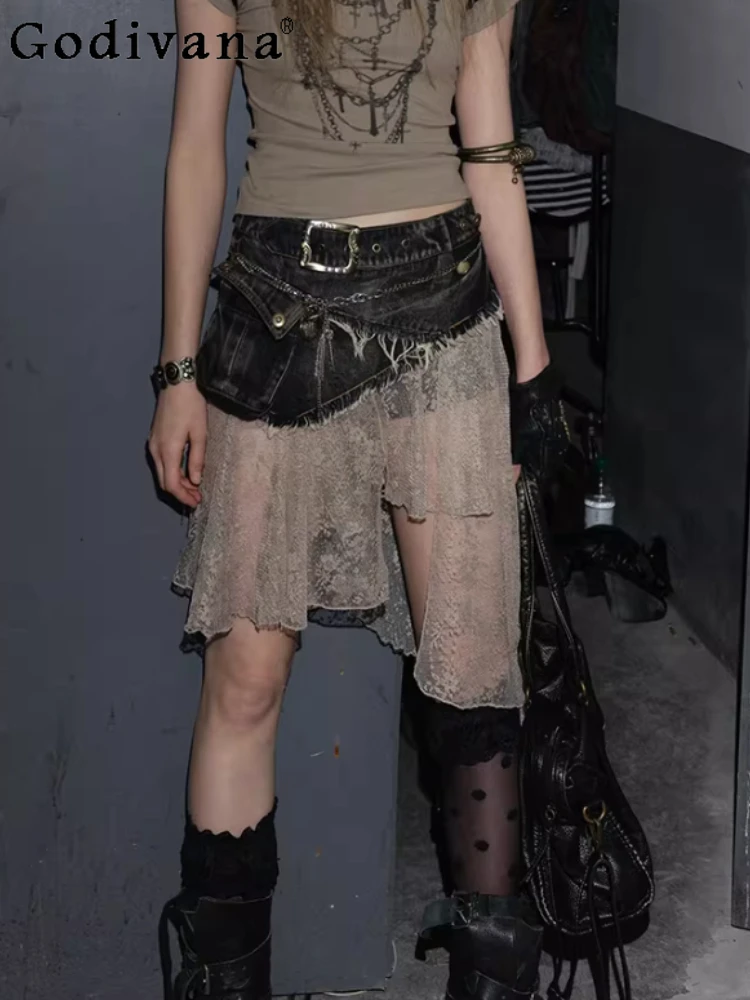 

Spring New Fashion High Waist A-line Retro Street Splicing Lace Skirt Versatile Irregular Personality Done Old Punk Denim Skirts
