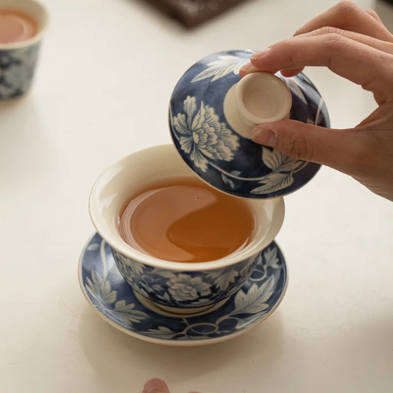 

Antique Soda Glaze Tea Bowl Blue and White Ceramic Tureen Sancai Gaiwan Tea Ceremony Accessories Chinese Kung Fu Teaware Sets
