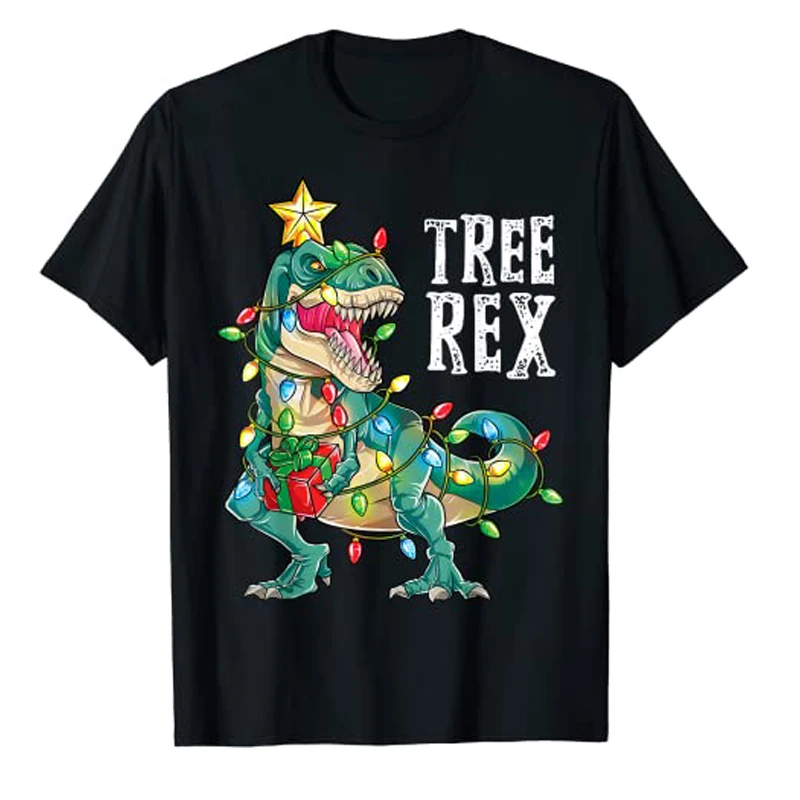 Christmas Dinosaur Tree Rex Pajamas Men Boys Xmas Lights T-Shirt Gift Cute Dino Wear Xmas Lights Graphic Tee Top Family Matching