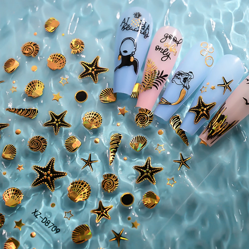 Ensemble d'autocollants pour ongles océan bronzant noir et or, 12 pièces, cocotier, feuilles de palmier, coquille, étoile de mer, décalcomanies coulissantes, décoration d'ongles sirène