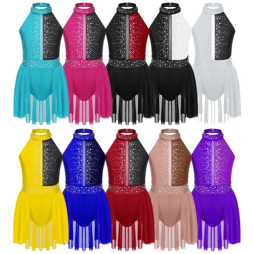 Imagen 2 del producto Leotardo de Ballet para niñas, vestido sin mangas, diamantes de imitación brillantes, gimnasia, baile lírico contemporáneo, ropa de bailarina