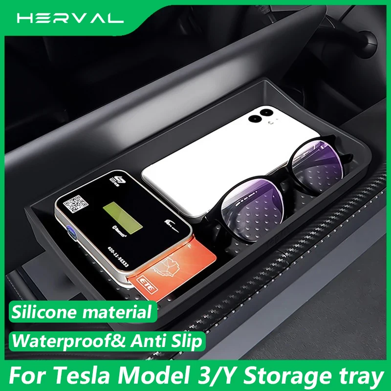 Herval per Tesla Model 3 Y 2018-2024 scatola portaoggetti posteriore con schermo in Silicone impermeabile vassoio portaoggetti nascosto chiavi