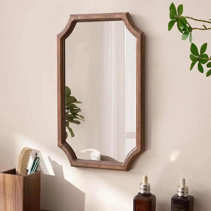 Retro Solid Wood Dressing Mirror Makeup Mirror Wall-mounted Bathroom Toilet Wall-mounted Punch-free Rectangular Bathroom Mirror