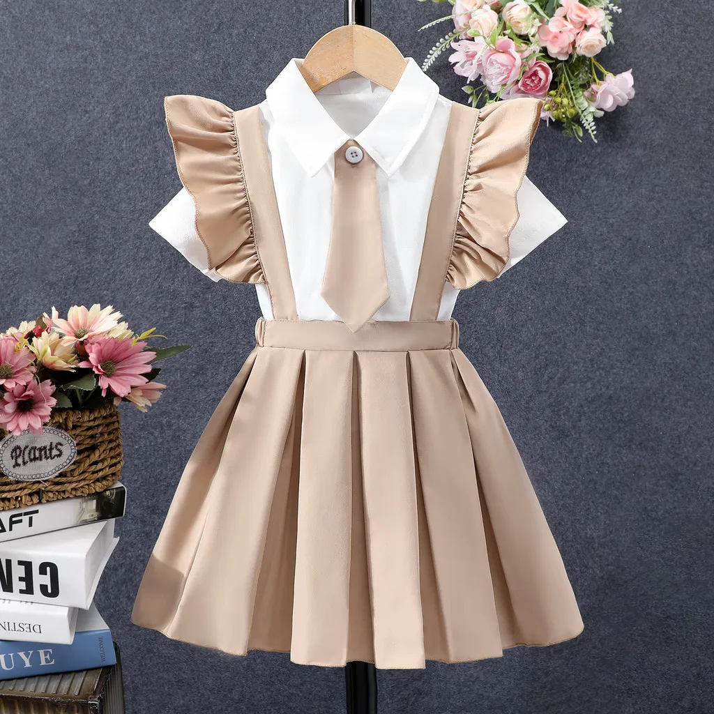 Academy style Dress Kids Girl Clothes Summer Short Sleeve Shirt+Skirt 3 4 5 6 7 Years Old Casual Cute Baby Girls Dresses