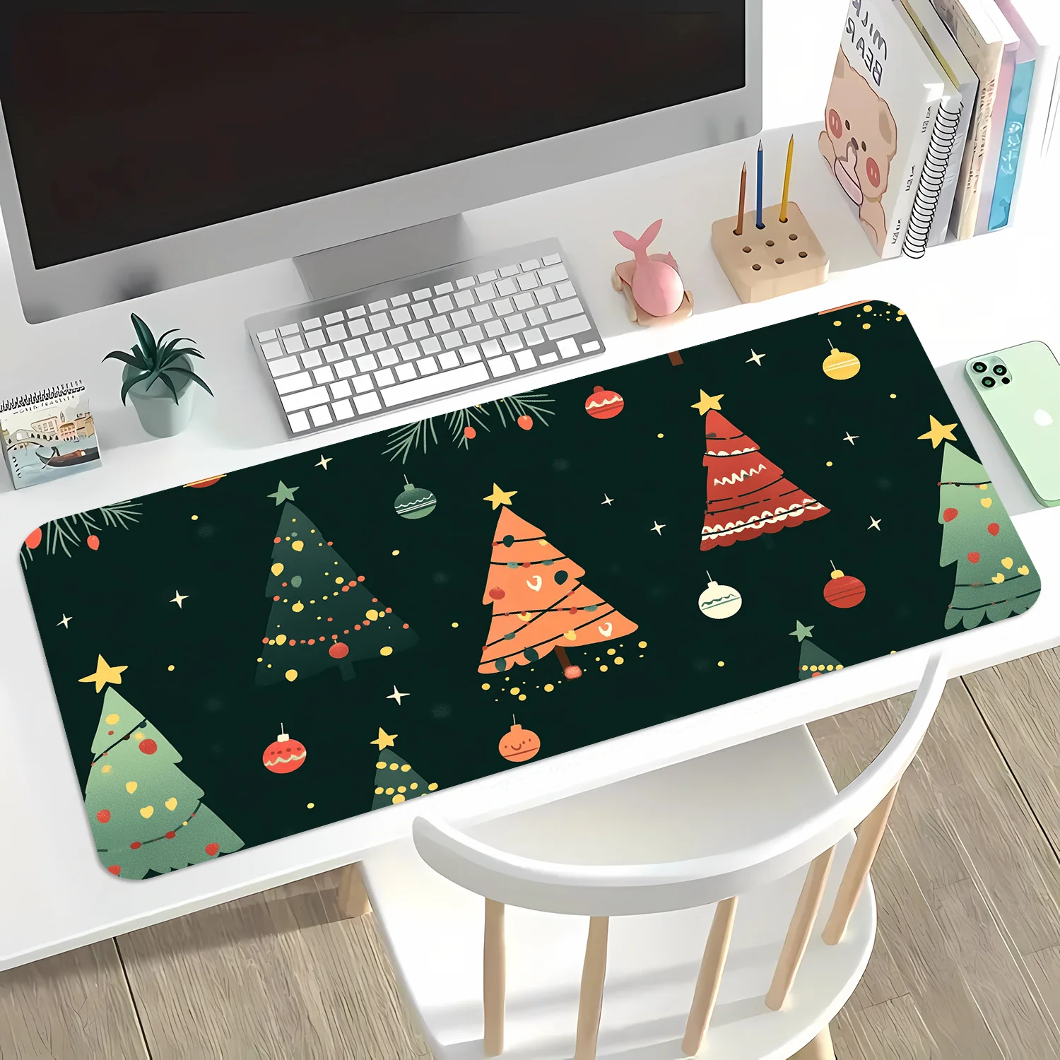 قاعدة مطاطية كبيرة مضادة للانزلاق، لوحة ماوس عيد الميلاد باللون الأخضر الداكن والذهبي مناسبة للألعاب والمكتب
