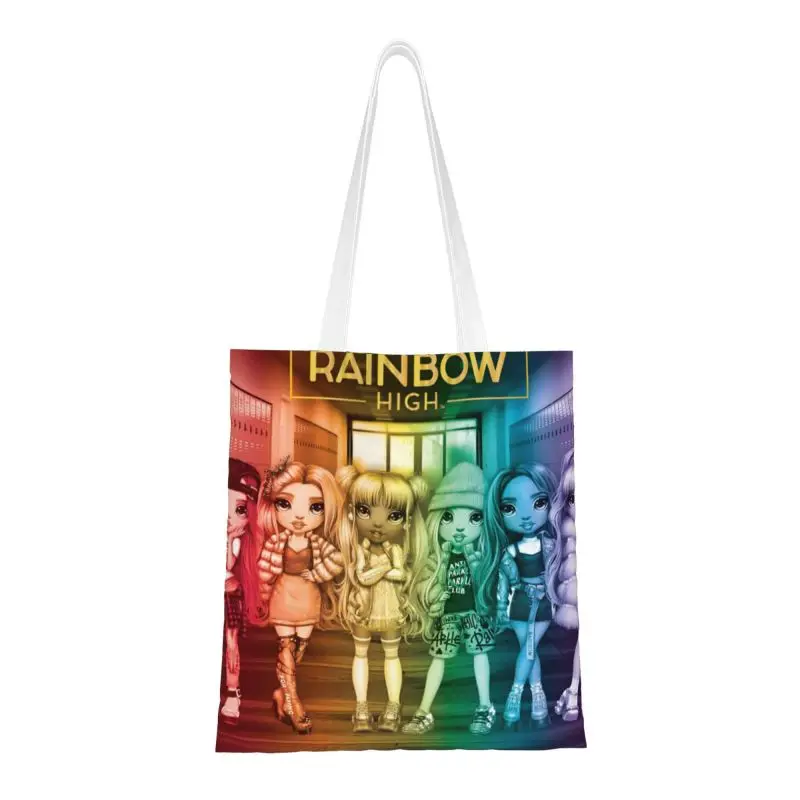 แฟชั่นการพิมพ์สายรุ้งสูงกระเป๋าช้อปปิงแบบพกพา Canvas Shopper กระเป๋าสะพายภาพเคลื่อนไหวการ์ตูนกระเป๋าถือ