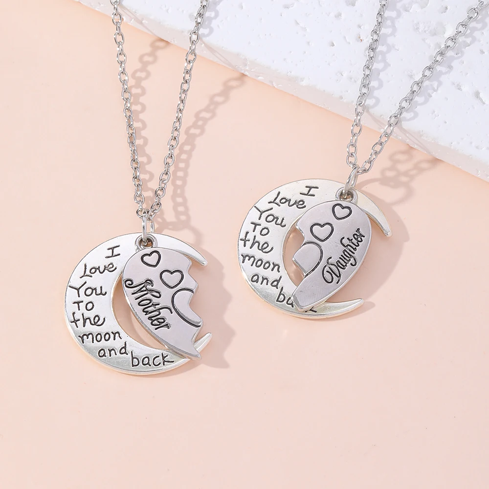 Cute Broken Heart Mother Daughter I Love You To The Moon And Back Charms Pendant Necklace Set For Family Love Mother\'s Day Gift