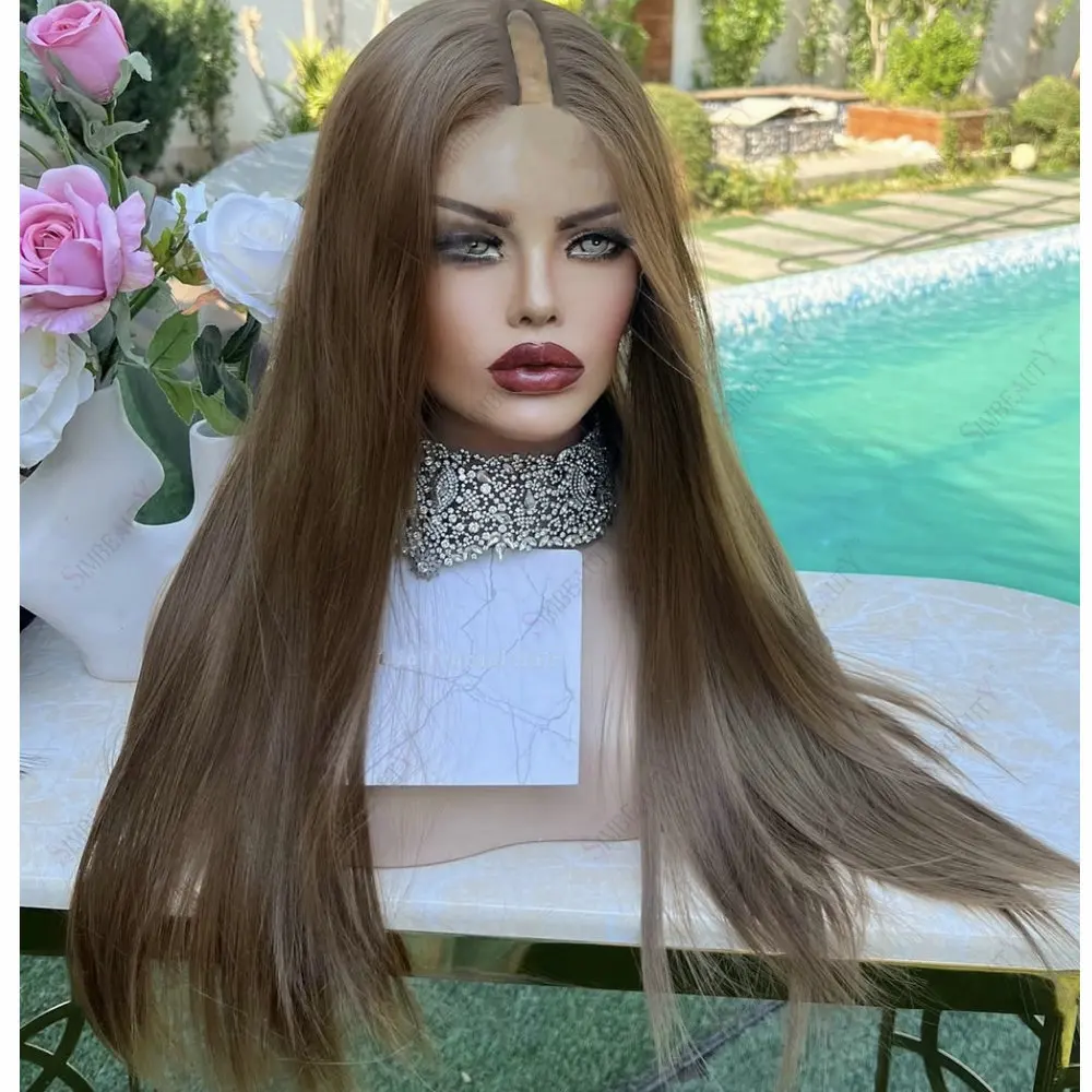 

Light Brown Long Silk Straight U Part Wig Human Hair for Women Machine Made Glueless Clip-in 1*4 V Part Wig Remy Brazilian Hair