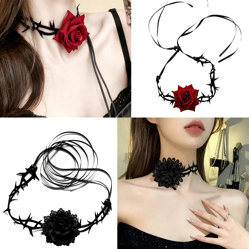 Gothic Thorn Rose Necklace, Black Red Rose Jewelry Accessories, Halloween Cosplay Costume Prop, Perfect for Party Gathering