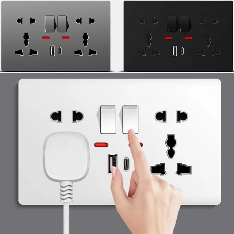 

Универсальная розетка 13А с двумя USB-разъемами Type-C, настенная розетка, 2-мегапиксельная розетка со светодиодной подсветкой, 5-контактная настенная электрическая розетка