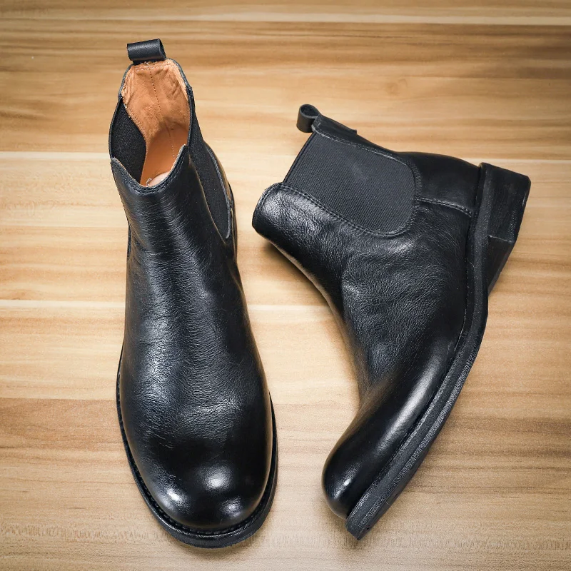 

Genuine Leather British Vintage Ankle Boots Outdoor Work Shoes Luxury Motorcycle Boots Handmade Men Chelsea Boots Round Toe