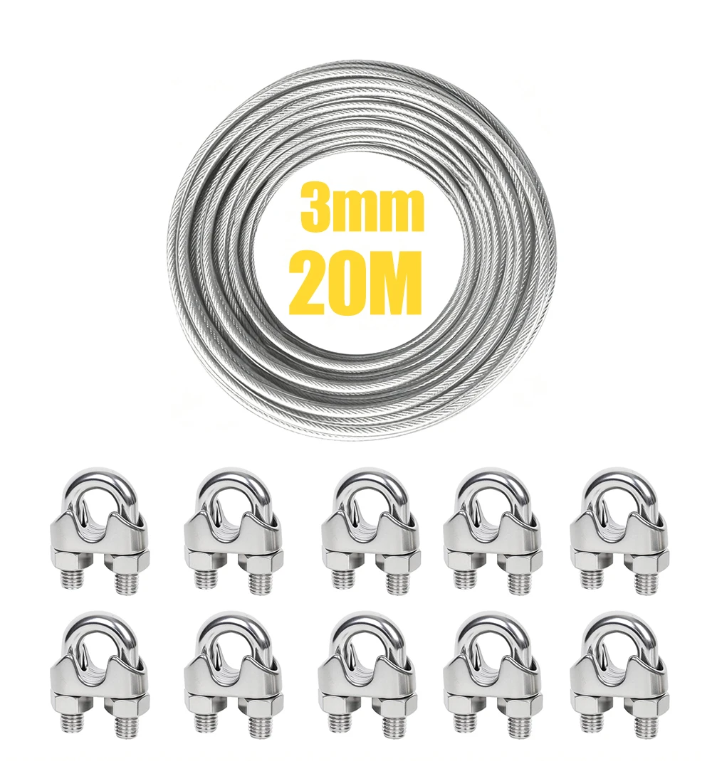 10/20M 3mm Edelstahl-Drahtseil-Set mit U-förmiger Kabelklemme und PVC-Beschichtung für Camping, Wäscheleine, Gartengeländer – Detail 3