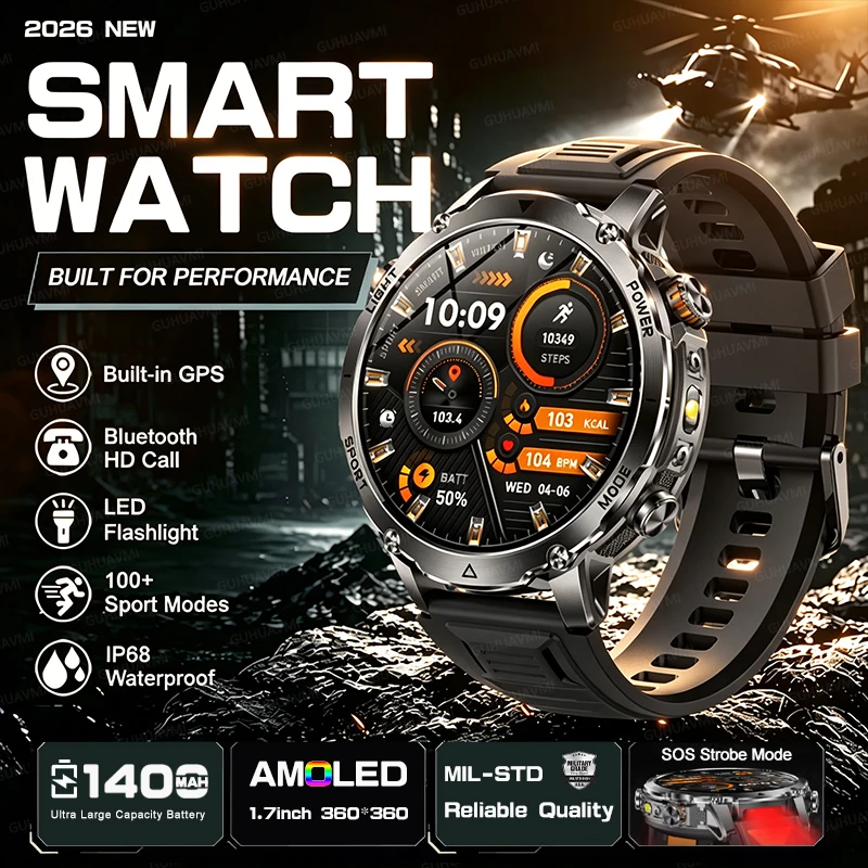 Outdoor Military 1400mAh 200-Day Standby Smartwatch Men GPS Tactical Clock Rugged IP68Waterproof SOS Flashlight Call Sport Watch