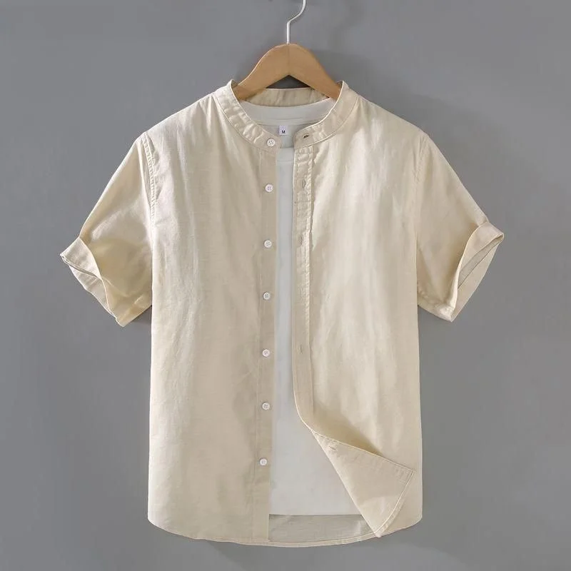 

Summer Men's Casual Thin Short Sleeve Shirt Cotton Linen Fabric Chinese Style Stand Collar Loose Fit Breathable Moisture Wicking