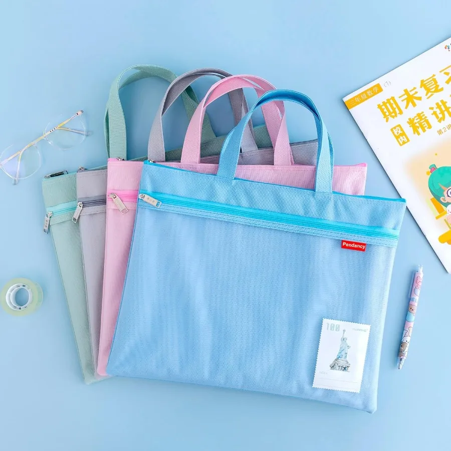 Pendancy Mesh Zipper Pouch 11x13.7 in Large Double Pocket Waterproof File Bag with Handle A4 Size Foldable Document Storage for