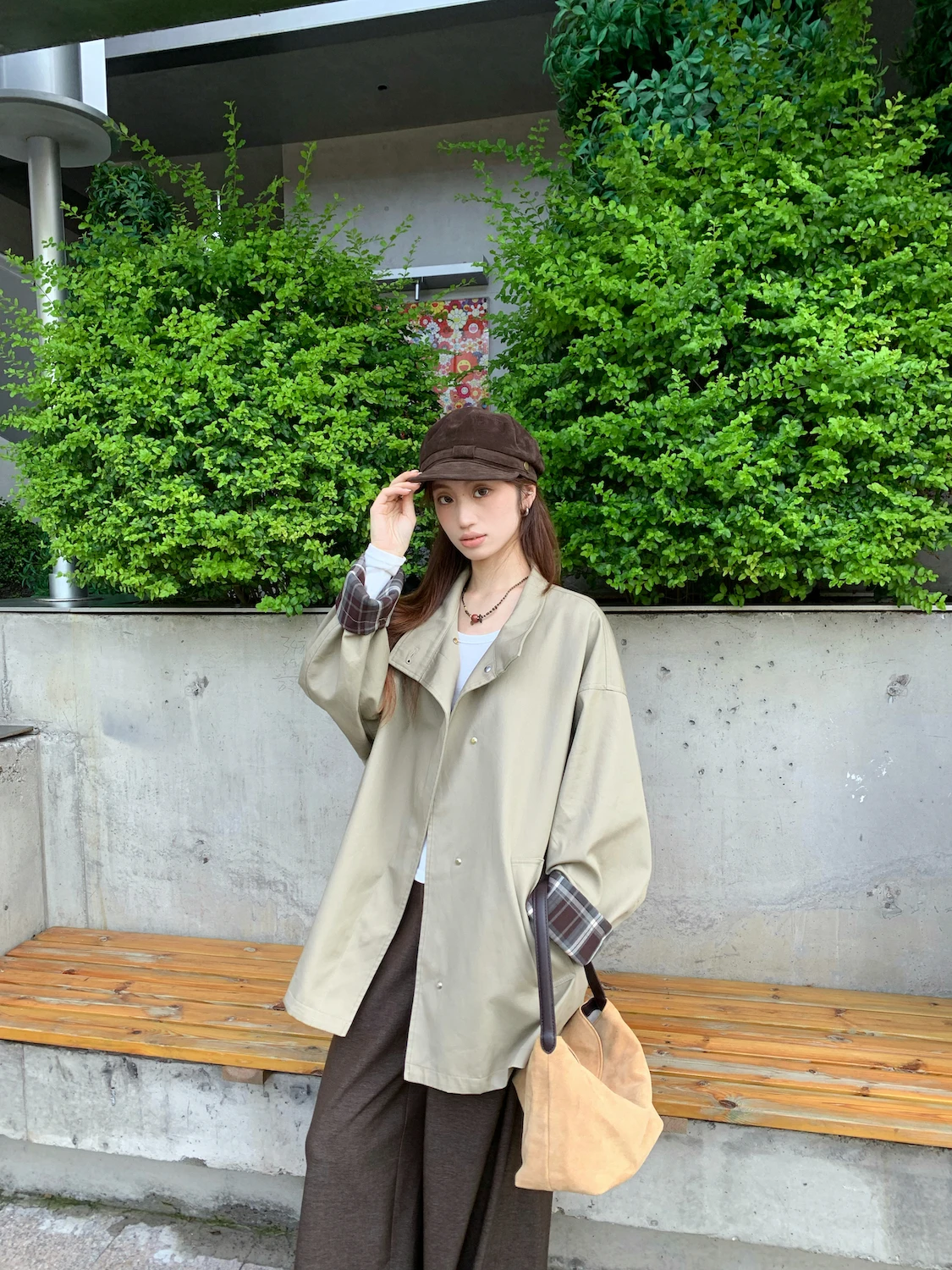 

7arewill Autumn New Classic Color Blo Coat Outerwear Loose Briti Sle Women's Coat Long Sve Stand Collar Mid-Length