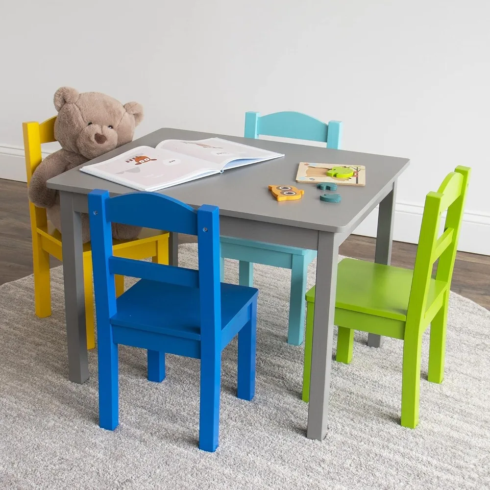 Tafel- en stoelensets, grijs blauw groen geel kinderhouten tafel en 4 stoelenset, 22"D x 26"B x 19"H tafel- en kinderstoelensets