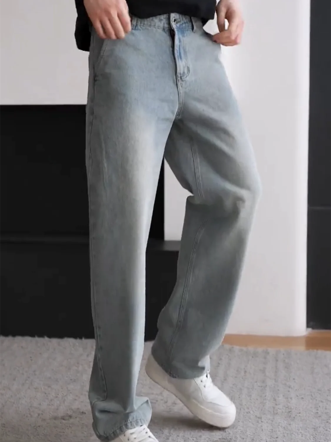 

Men's Vintage Washed Ice Blue Jeans Loose Casual Slimming Straight Leg Long Pants Spring Summer Fashion Simple Versatile