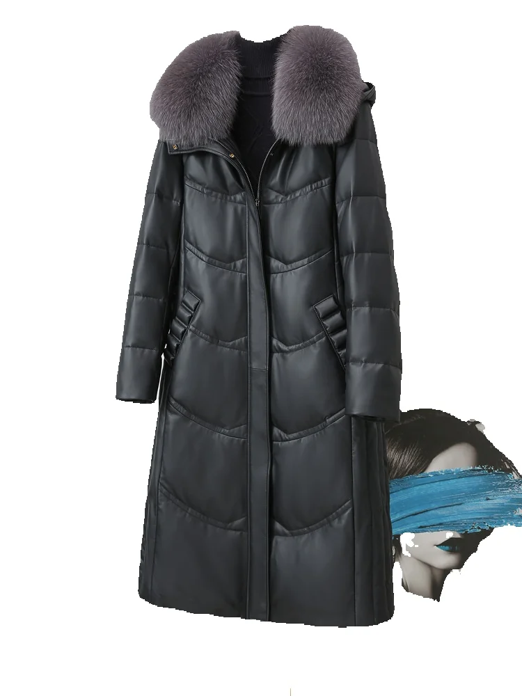 Seasonal Genuine Leather Down Long Leather Jacket For Women's Sheep Skin Fox Fur Collar Hooded Jacket