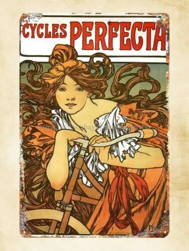 1902 cycles perfecta Alphonse Mucha.Art Nouveau metal tin sign fancy wall decor