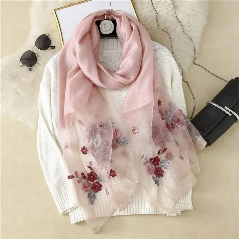 Fashion Organza Silk Scarf With Embroidered Shawl Women Pearl Hijab Elegant Long Scarves Summer Solid Color Headscarf 180*70cm