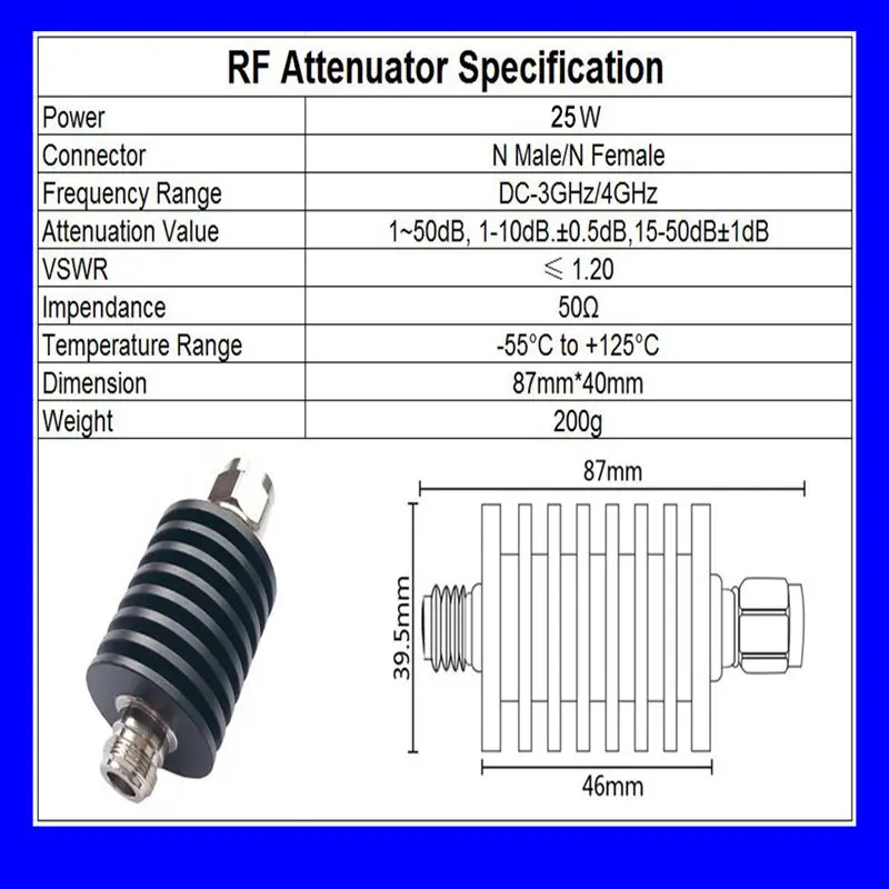 

25W N Type Attenuator DC-3Ghz/4Ghz 1/2/3/5/6/10/15/20/30/40/50db N Male Plug to Female Jack RF coaxial Power Connector 50ohm