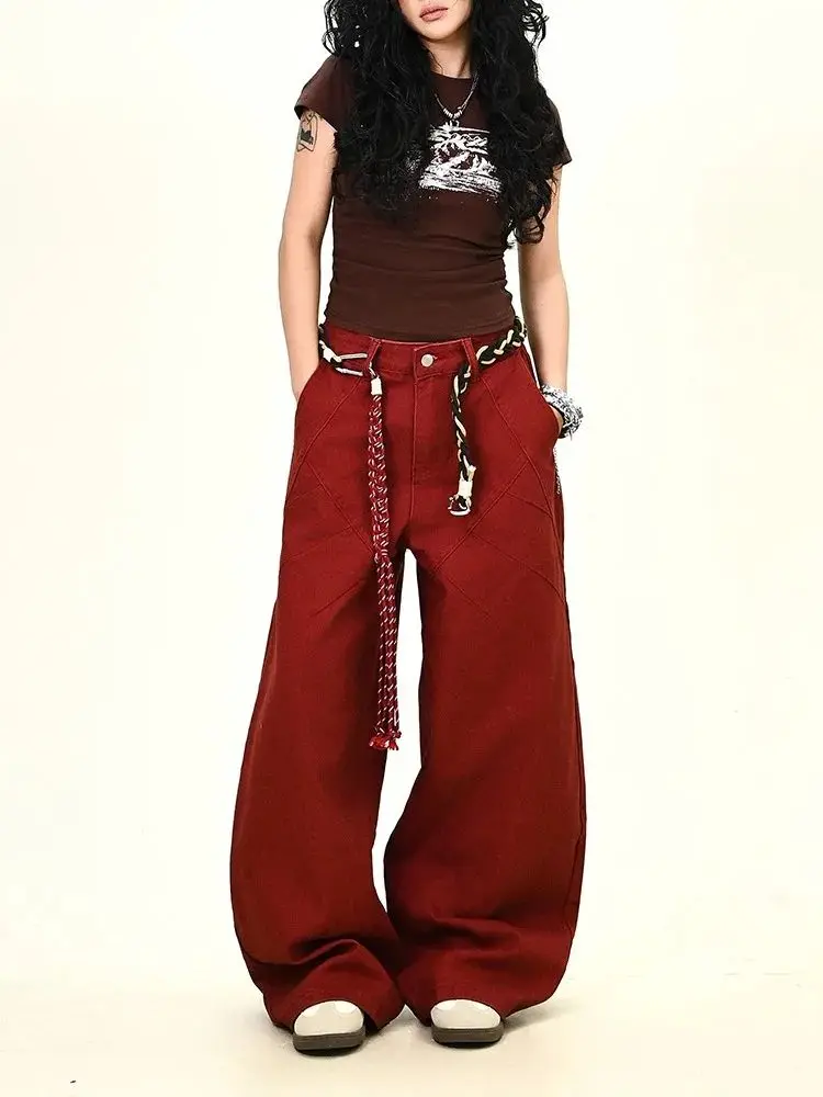 

Женские красные джинсы-карго мешковатые Y2K американская уличная одежда в стиле Харадзюку 2000-х годов эстетические свободные широкие брюки 90-х годов ретро джинсы брюки одежда новая