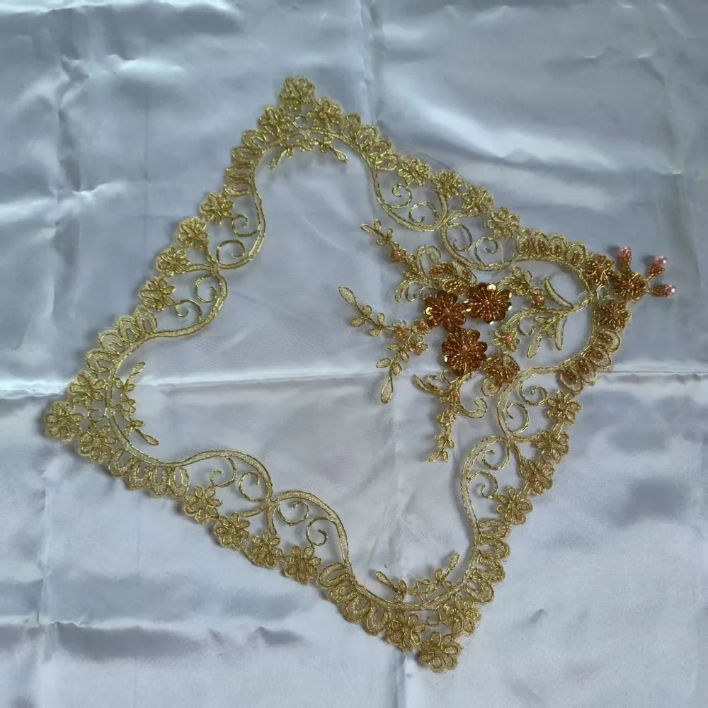 White Embroidery Beaded Lace Square Doily Sheer Mesh Table Mat Wedding Home Table Decor