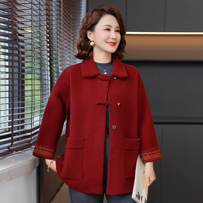 

Вязаное шерстяное пальто Ele для женщин среднего возраста, модная верхняя одежда на осень-весну, полиэстер