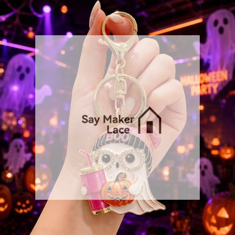 Spooky Halloween Keychain Sparkly Crystal Ghost Pendant Pink Knit Hat Pumpkin Design Backpack Charm Party Gift