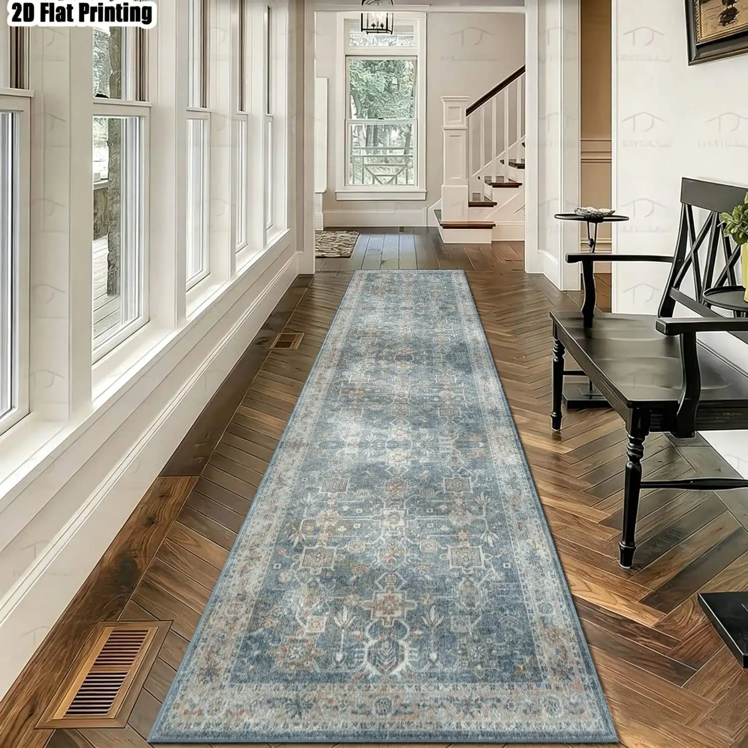 1Pc 2D Printed Striped Runner Rug: Blue-Grey Retro Floral, European/Bohemian/Geometric Style, Machine Washable, Multi Sizes, Ideal for Home Decor, Entrance, Hallway, Living Room, Bedroom 7