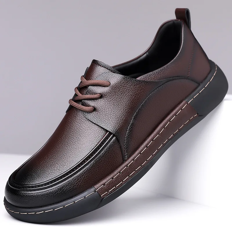 

Men Brown Leather Casual Shoes Breathable Lace-Up Business Casual Footwear Comfortable Non-Slip Sole Classic Low-Top Dress Shoes