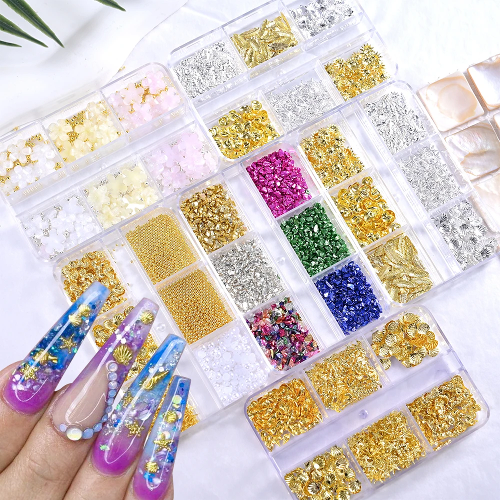 6Grids Five-petal Flower Nail Art Charms 3D Shell/Conch/Starfish/Coconut Tree Gold Steel Beads Diamond Manicure Decor Jewelry #*