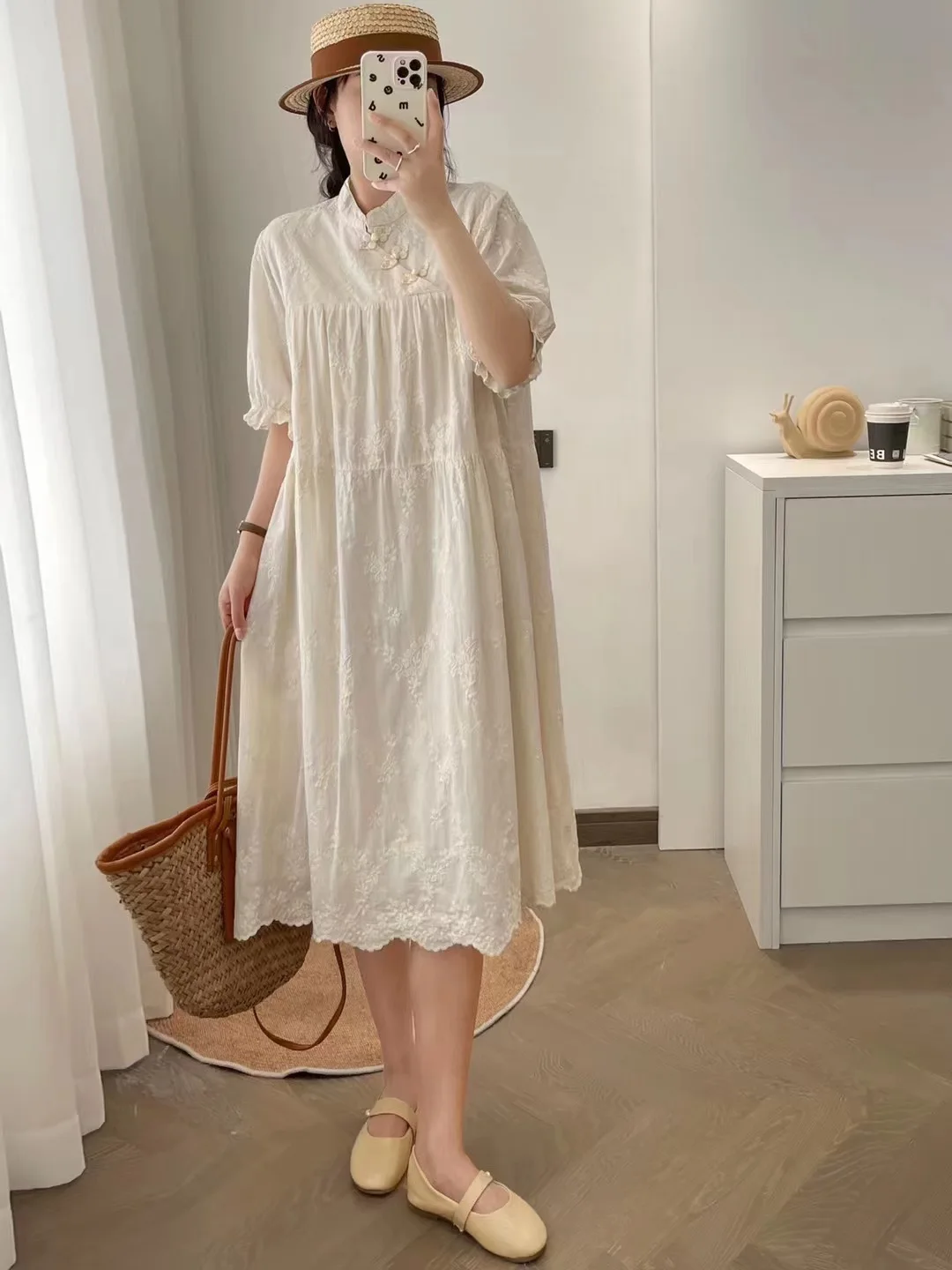 

Plus size women dress vintage Chinese style mandarin collar lace embroidery solid dress Chinese buttons dresses