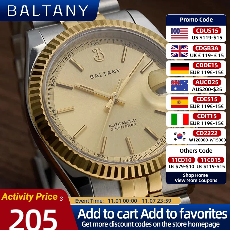 Baltany 36mm Gold Retro Wristwatch Fluted Bezel Vintage  Luminous Date Bracelet 10ATM Waterproof NH35 Automatic Dress Watch Men