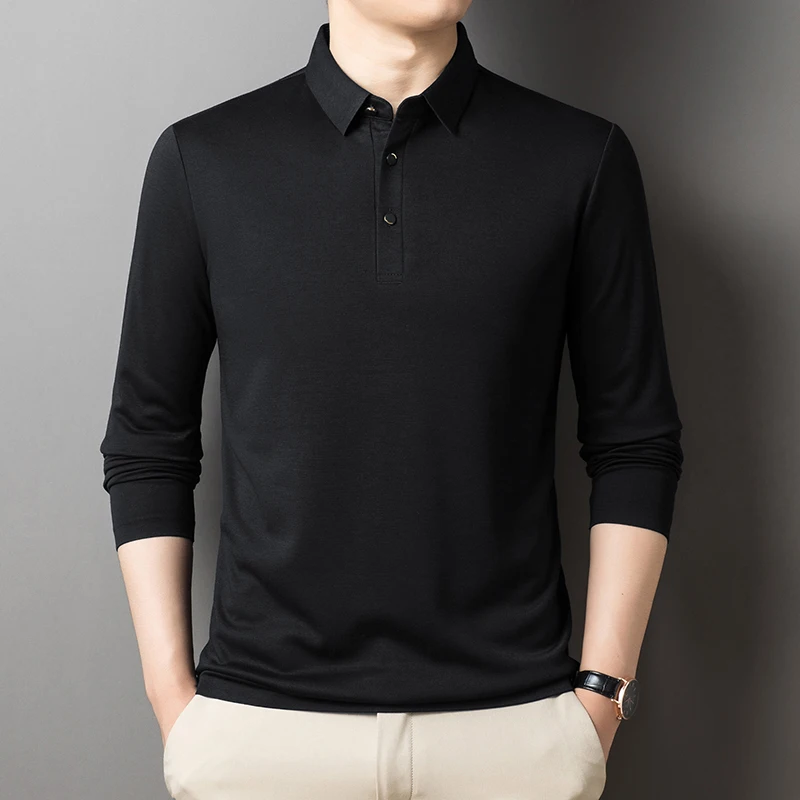 Boutique Men\'s Woolen Sweater Warm Long Sleeves Polo Business Pullover Top Solid Color Polo Collar Knitwear Casual T-shirt