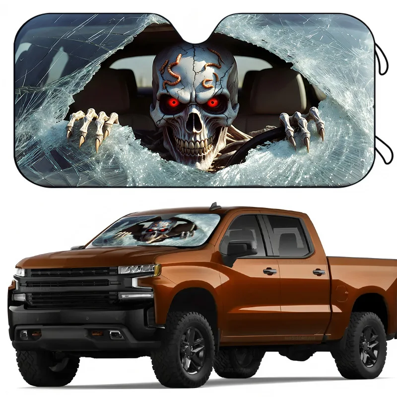 1Pcs 3D Scary Skeleton Skull Car Sunshade, Keeps Your Vehicle Cool, Protection from Peeping, Car Interior Accessories