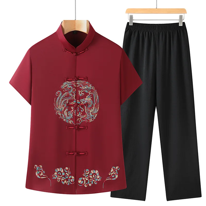 Chinese Style Women Men Tang Suit Exquisite Embroidery Traditional Oriental Clothing Casual Satin Short Sleeve Shirt Pants 3XL