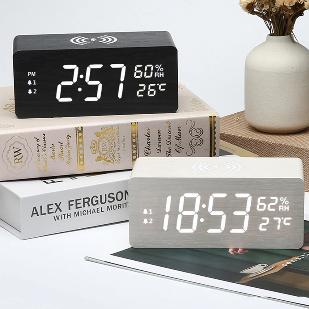 Alarm Clock LED Digital Wooden With Temperature Humidity USB Powered Electronic Desk Clocks Suppose Phone Wilreless Charging