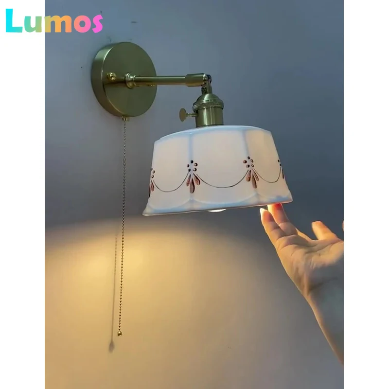 

PD Japanese Retro With Pull Switch Modern Simple Bedroom Bedside Lamp Wooden American Brass Glass Wall Lights