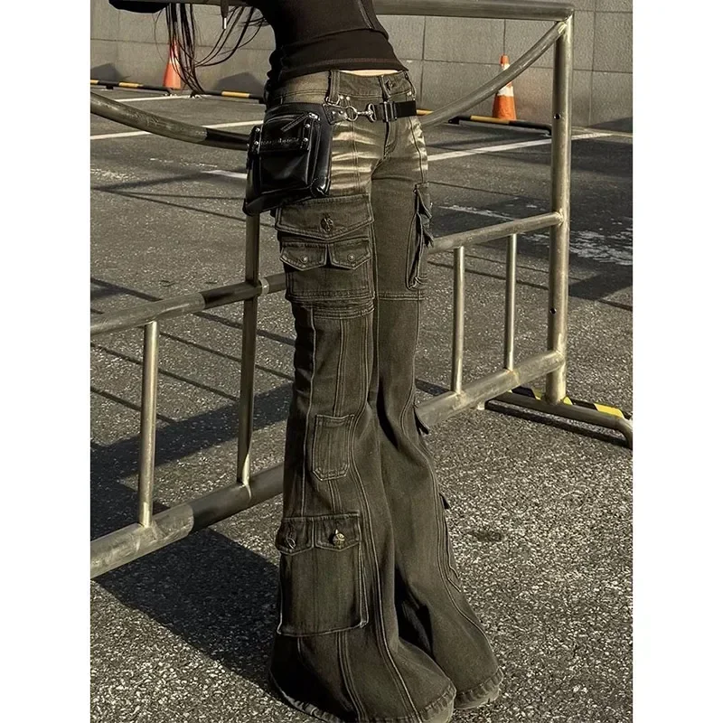 

Streetwear American Retro Mutil Pockets Gradient Cargo Jeans Women Hip Hop Vintage Y2K Wide Leg Denim Pants Baggy Trouses