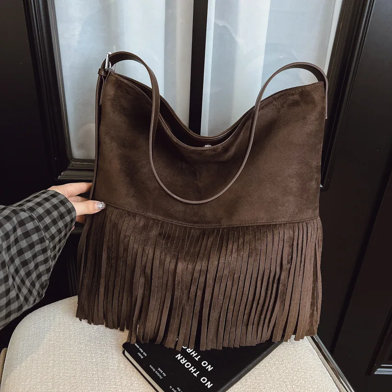 Vintage Faux Suede Women Shoulder Bags Large Capacity  Tassels Crossbody Bag New Ladies Handbag for Daily Shopping,Work Commute