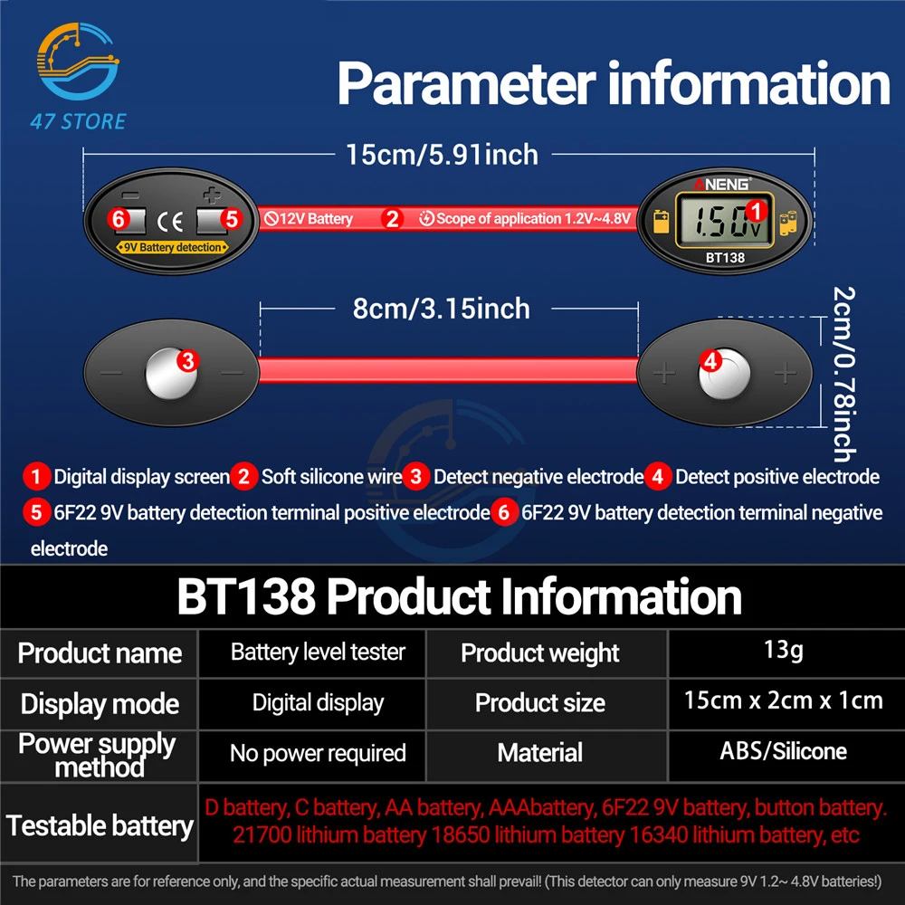 BT138 Battery Tester AA/AAA/9V Button Cell Lithium Test Display Battery Tester Power Bank Detector Tool No Battery Required