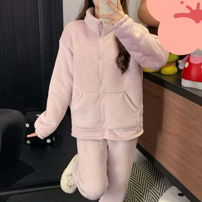 

autumn winter Women's pajamas new model double-layer fleece-lined thicken Pajama coral fleece minimalist Sleepwear pajamas suit