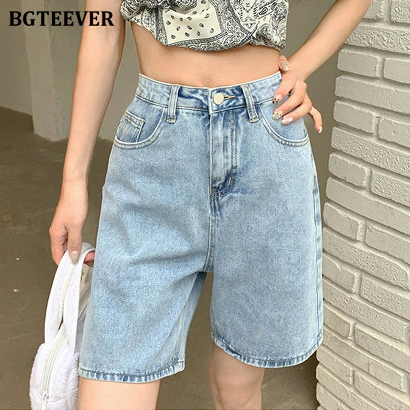 BGTEEVER décontracté taille haute poches solide dames jean Shorts été Y2K bouton ample droit femmes Denim Shorts